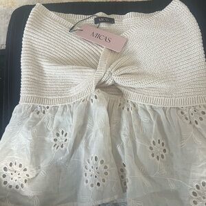 Micas knot front knit embroidered tube top